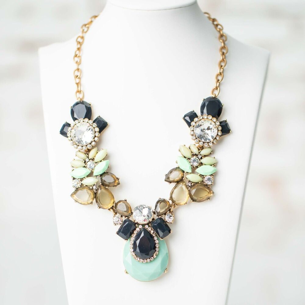 J.Crew Statement Necklace Mint Green Black Crystal Rhinestone Gold Tone Bib